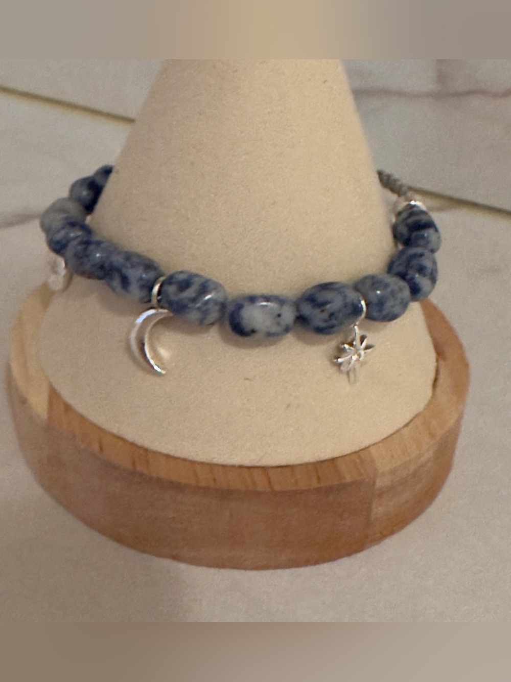 Beaded Moon & Star Charm Bracelet in Blue Gray